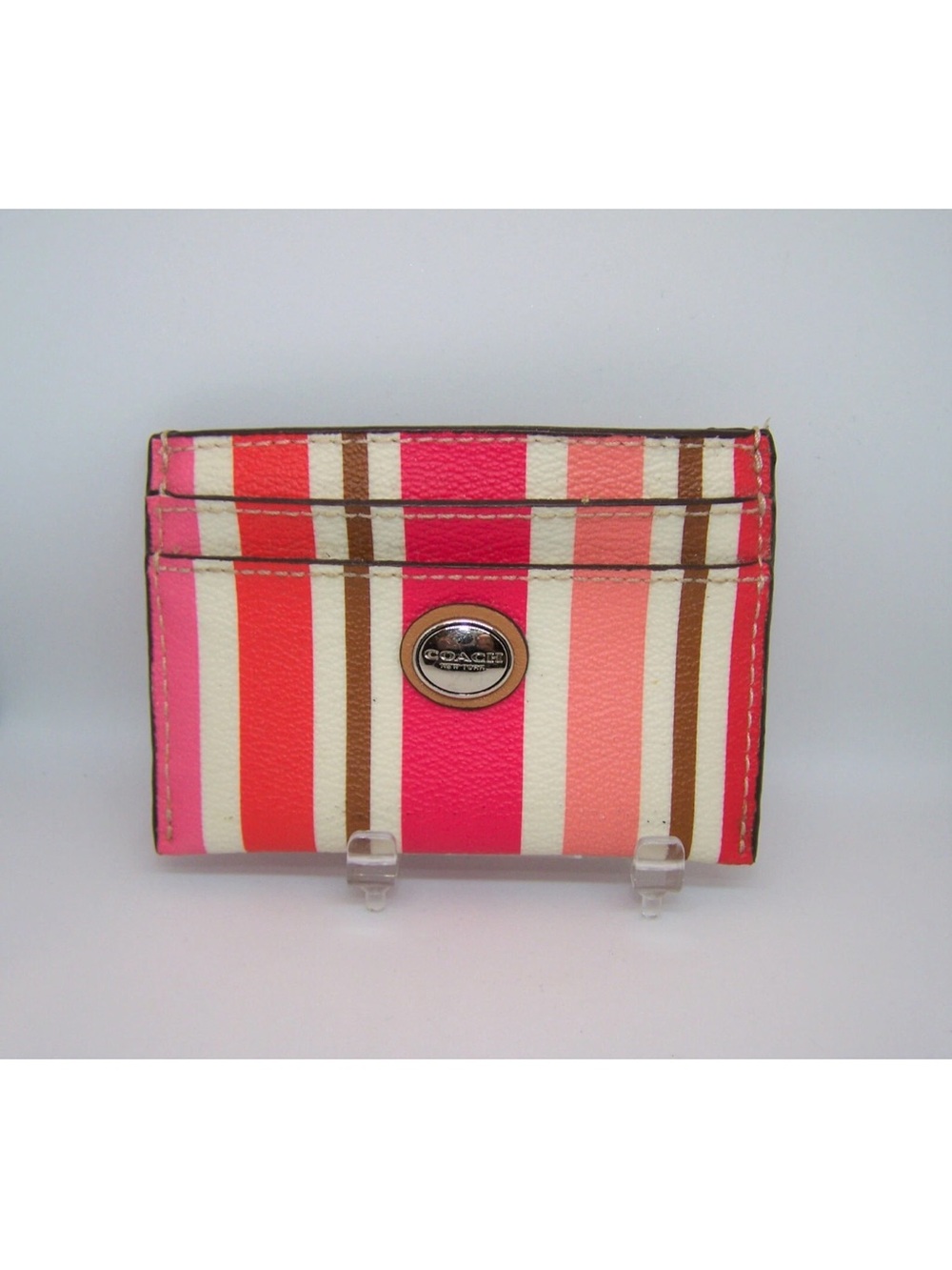 Coach Striped Card Case in Pink, Coral & Cream with Brown Trim